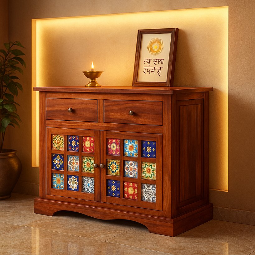 Aangan Handcrafted Tile-Front Wooden Sideboard