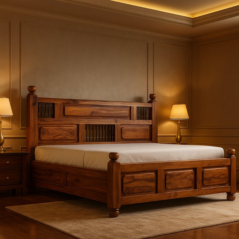 Aangan Classic Sheesham Panel Bed with Spindle Detailing