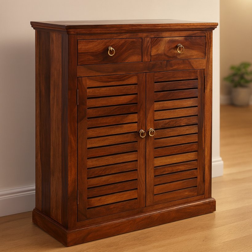 Aangan Solid Wood Shoe Rack with Dual Drawers & Louvered Doors