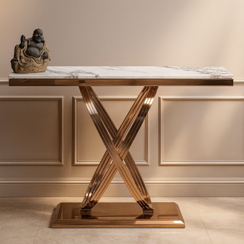 Luxury Marble Top Console Table with X-Frame Gold Base