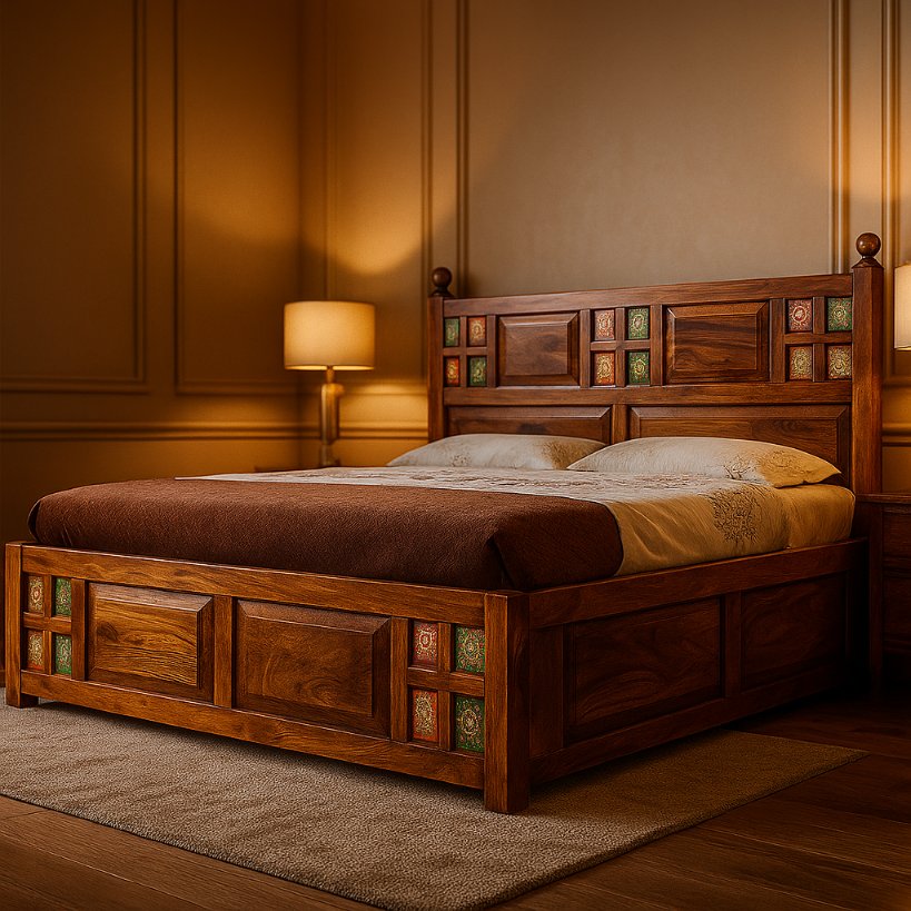 Aangan Sheesham Bed with Handcrafted Tile Artwork
