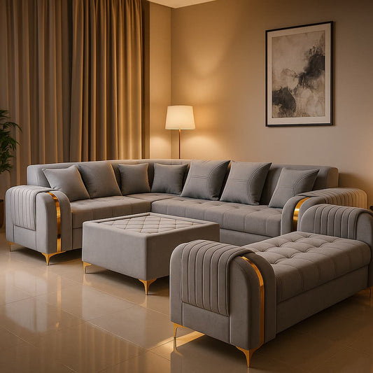 Aangan Grey Majesty 7-Seater Luxury L-Shaped Sofa with Lounger