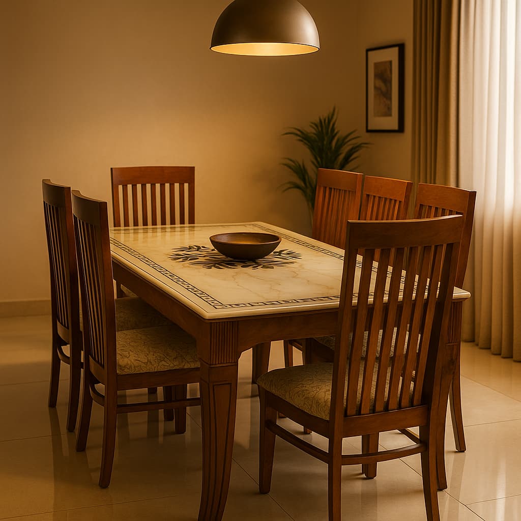 Aangan 6-Seater Classic Wooden Dining Table with Marble-Finish Top & High-Back Chairs