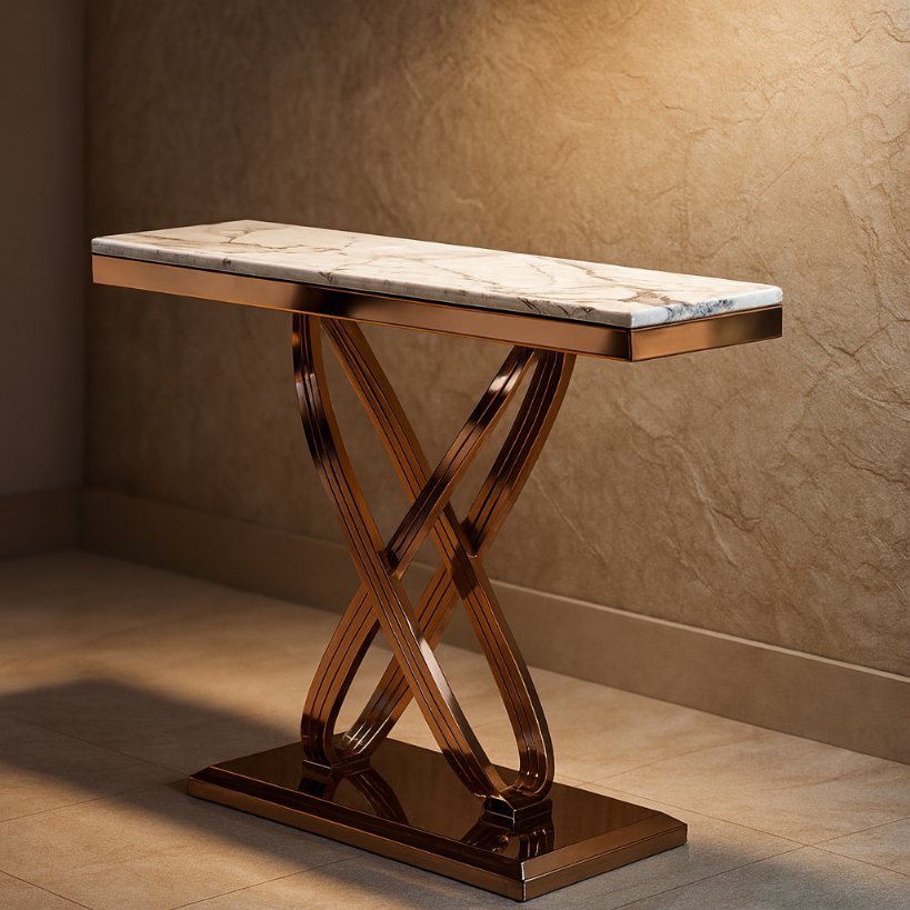 Luxury Marble Top Console Table with X-Frame Gold Base