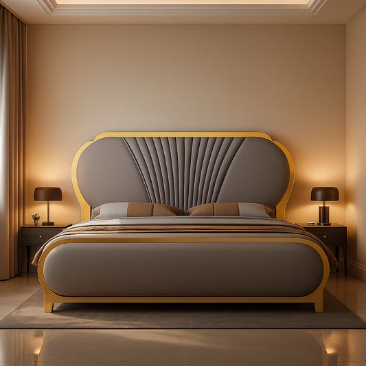 Aangan Premium Velvet Panel Bed with Golden Accents