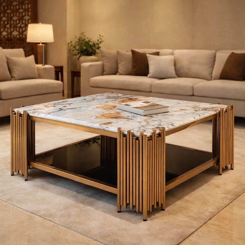 Luxury Marble Top Centre Table with Gold Frame