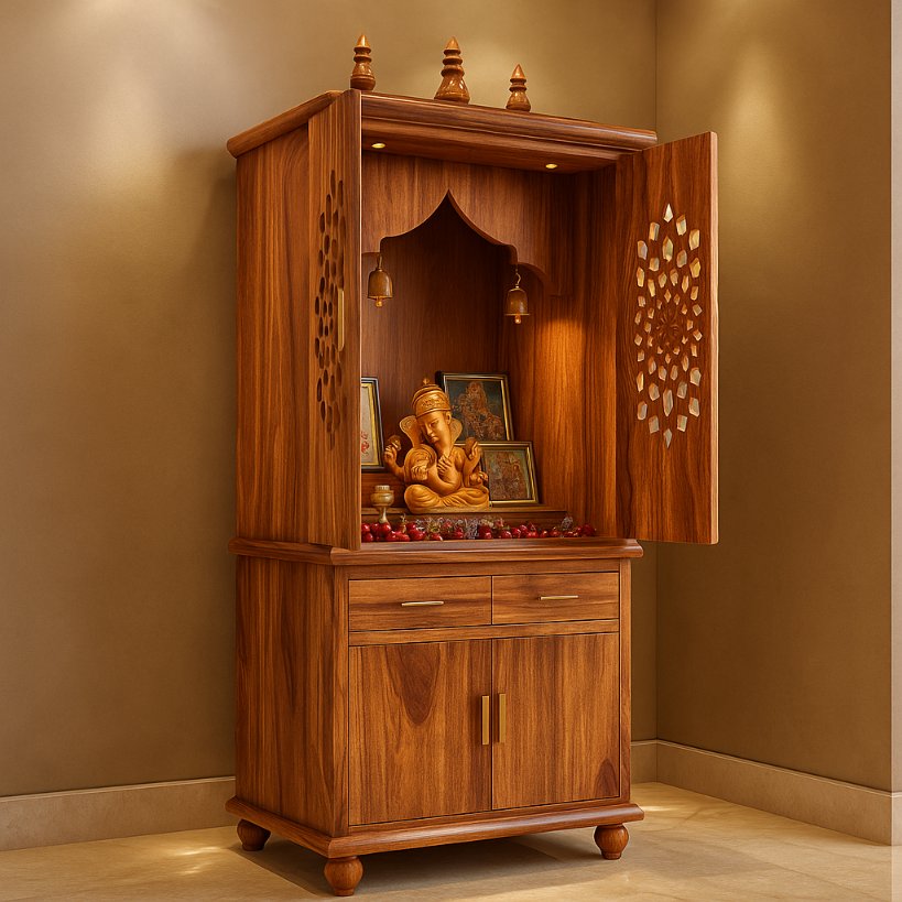Aangan Premium Sheesham Home Mandir with Carved Doors