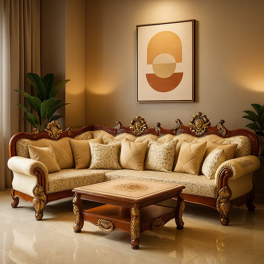 Aangan Heritage Gold 7-Seater Luxury Carved Sofa Collection