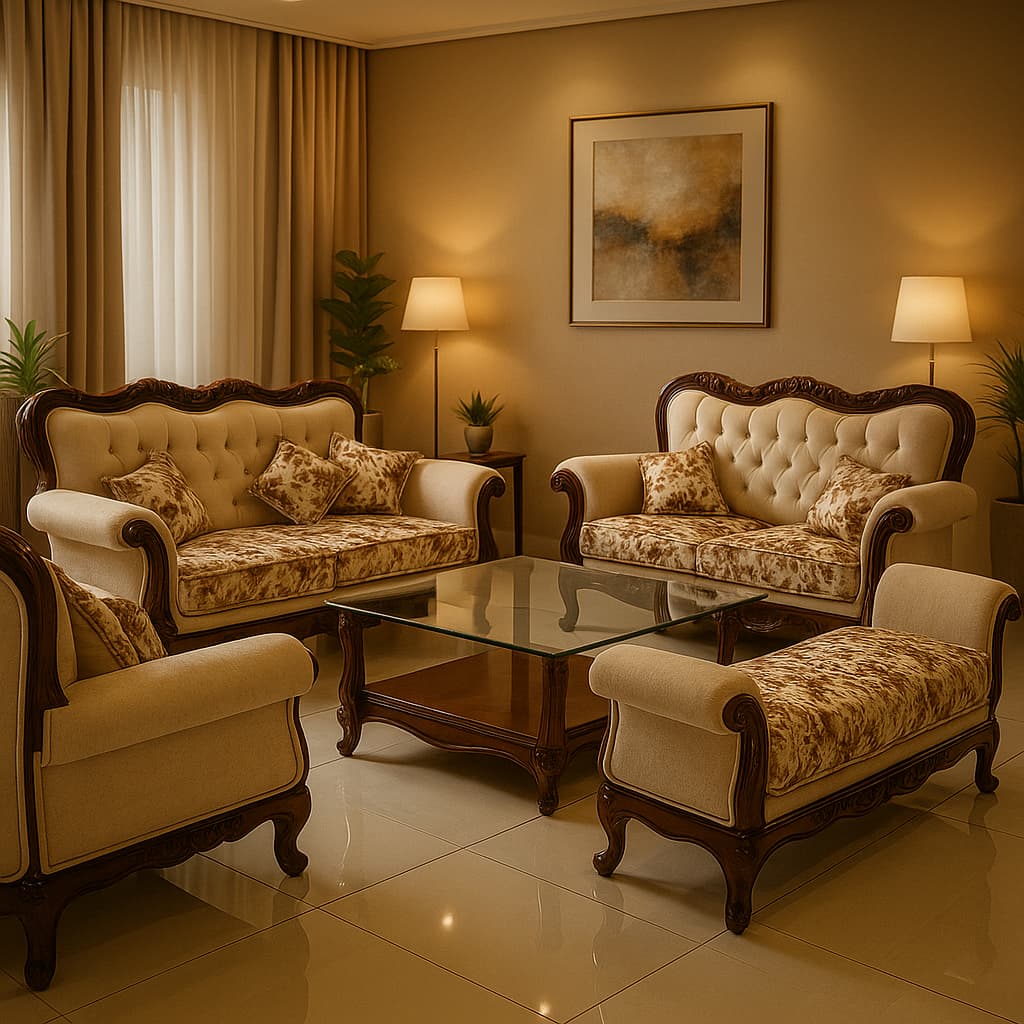 Aangan Maharani Vintage 5-Seater Premium Wooden Sofa Set