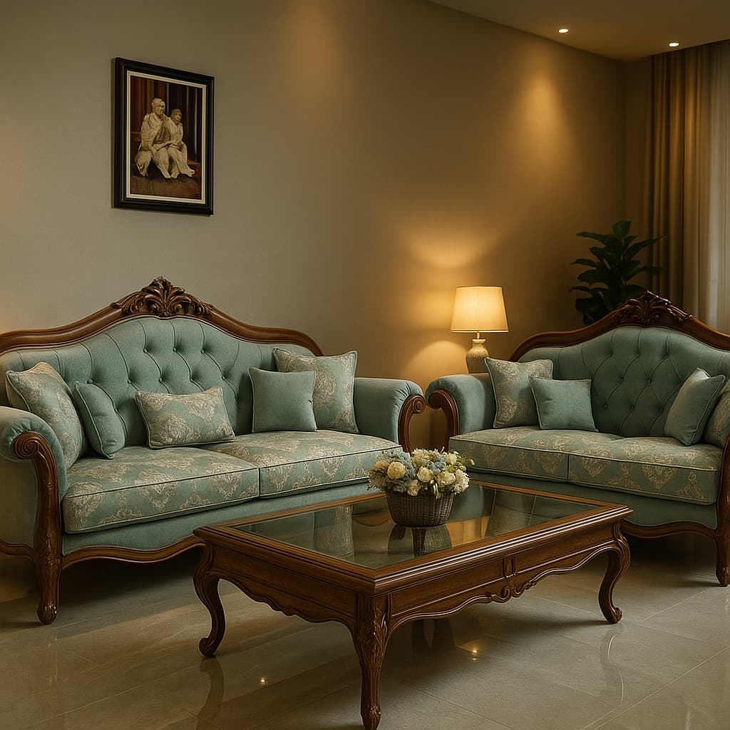 Aangan Maharaja Teal Floral 5-Seater Luxury Sofa Collection