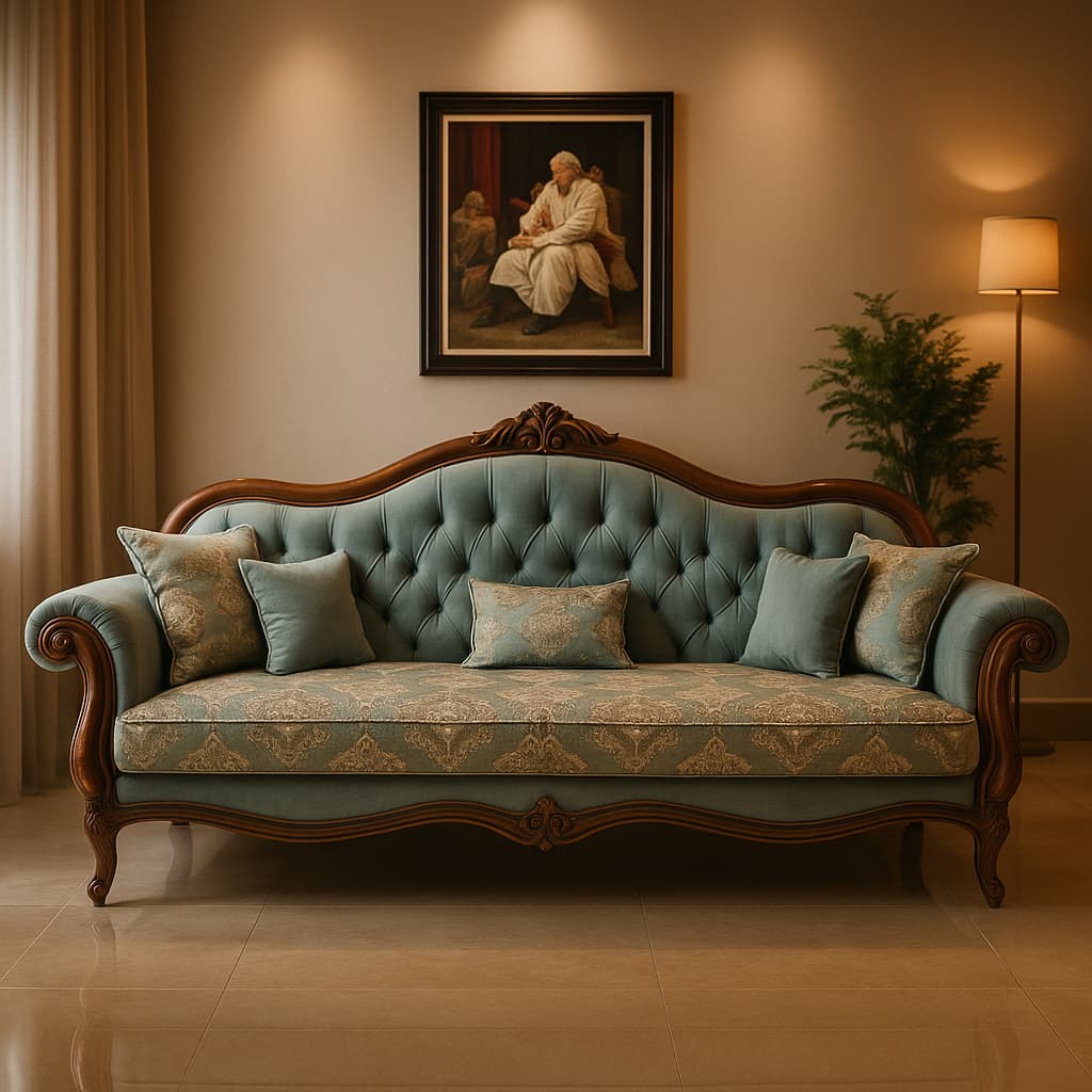 Aangan Maharaja Teal Floral 5-Seater Luxury Sofa Collection
