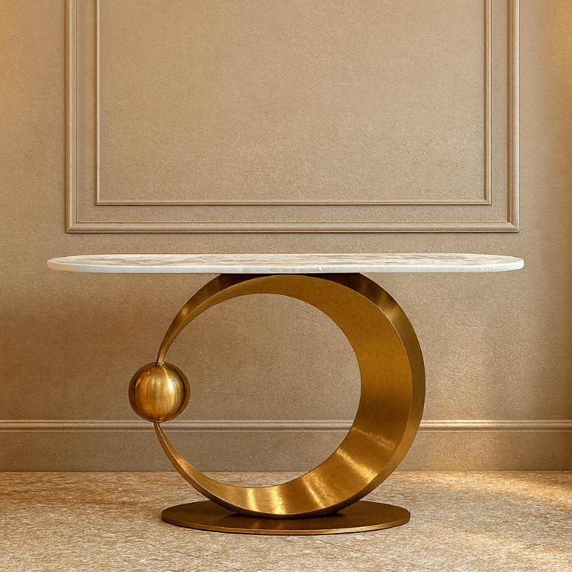 Designer Marble Top Console Table with Circular Gold Base