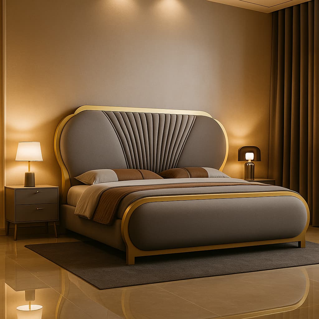 Aangan Premium Velvet Panel Bed with Golden Accents