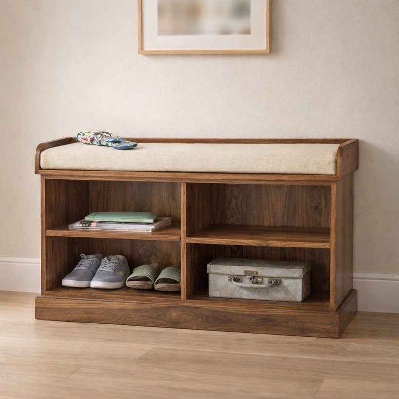Aangan Solid Wood Shoe Rack Bench with Cushioned Seating