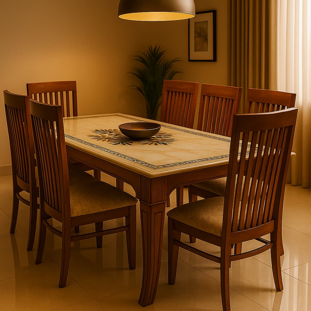 Aangan 6-Seater Classic Wooden Dining Table with Marble-Finish Top & High-Back Chairs