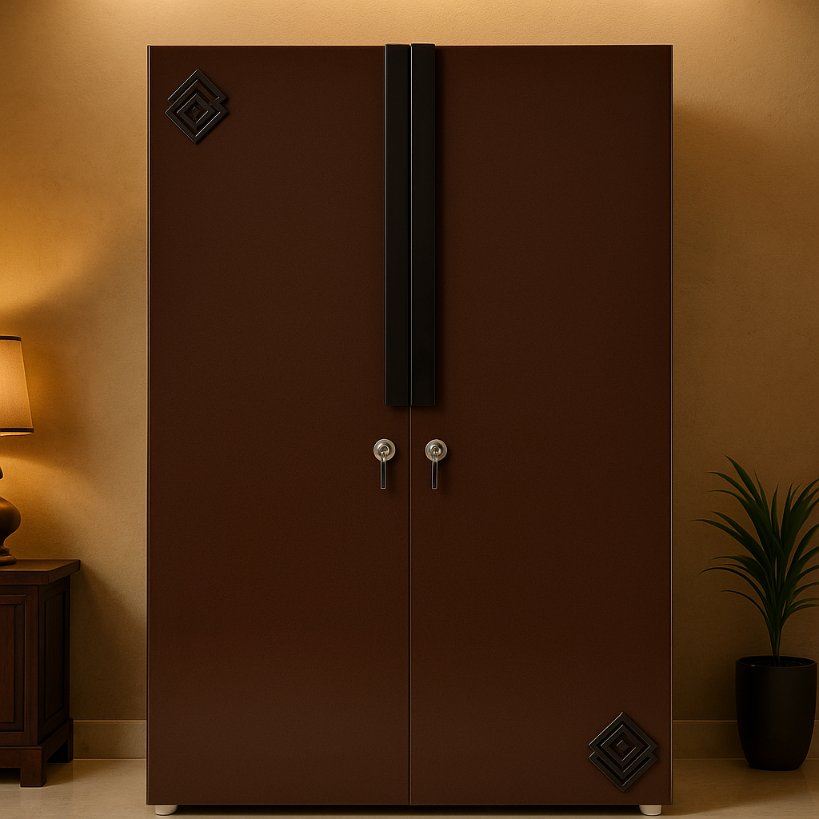 Classic 2-Door Steel Wardrobe – Deep Brown with Designer Handles