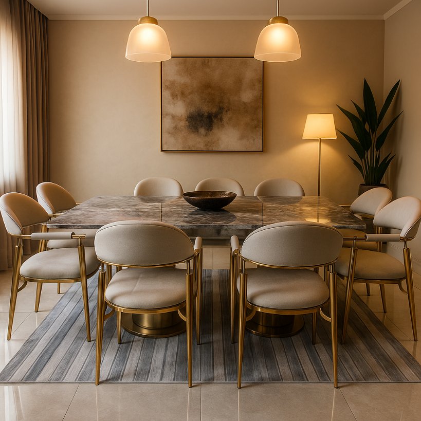 Aangan Luxe Marble Dining Set – 8 Seater (Gold Edition)