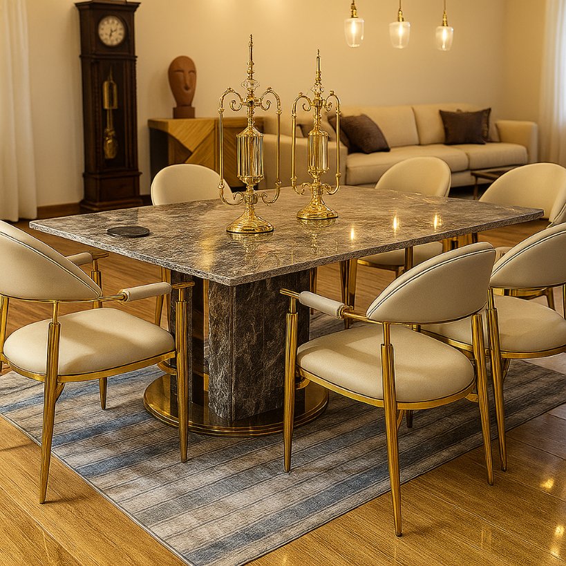 Aangan Luxe Marble Dining Set – 8 Seater (Gold Edition)