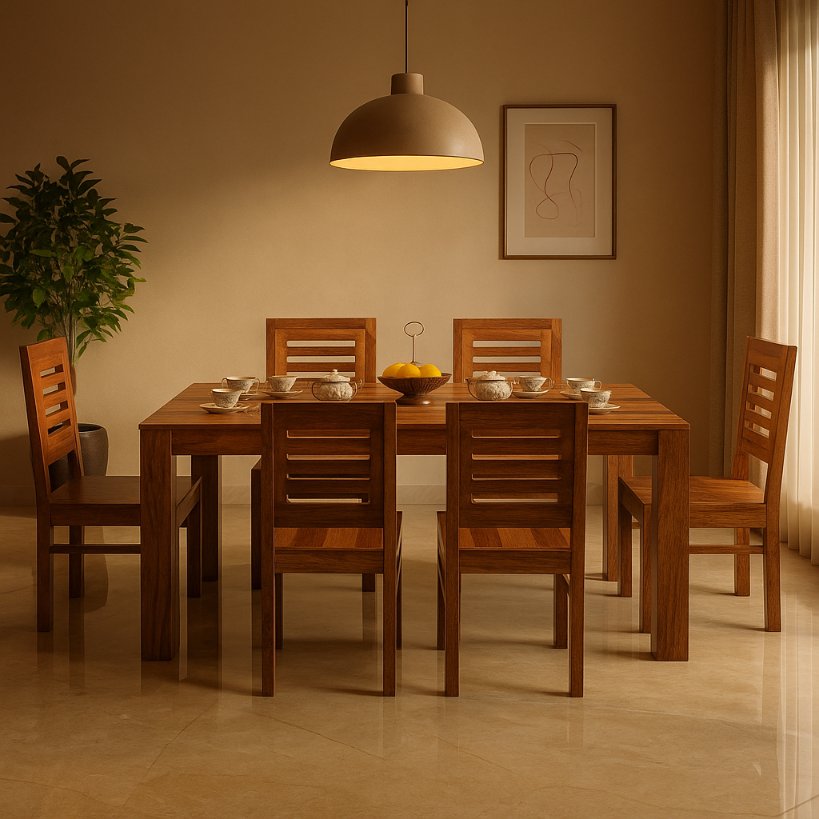 Aangan Solid Wood Dining Set – 6 Seater (Classic Teak Finish)