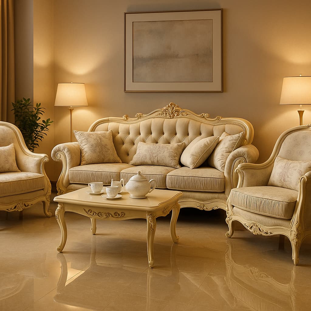 Aangan Crown Classic Victorian Sofa Set (Cream Edition)