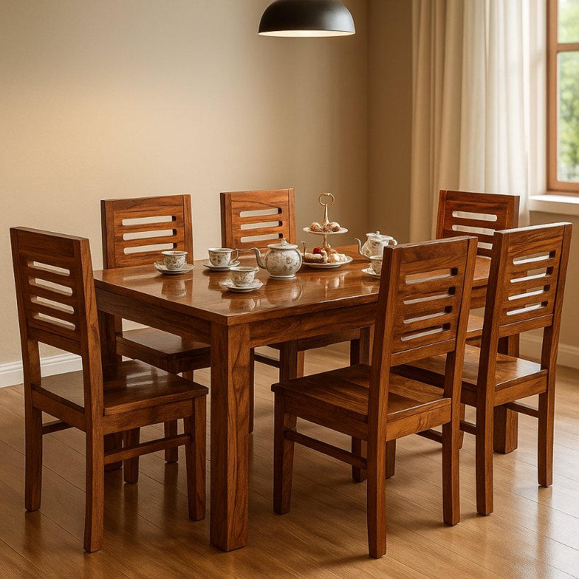 Aangan Solid Wood Dining Set – 6 Seater (Classic Teak Finish)