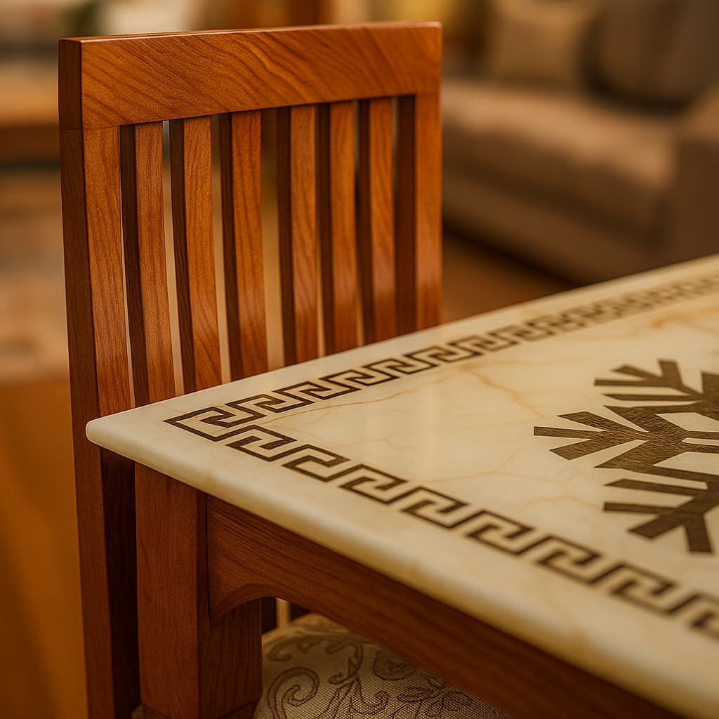 Aangan 6-Seater Classic Wooden Dining Table with Marble-Finish Top & High-Back Chairs