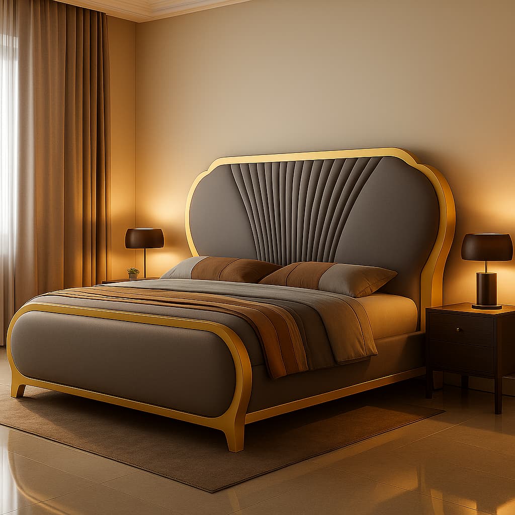 Aangan Premium Velvet Panel Bed with Golden Accents