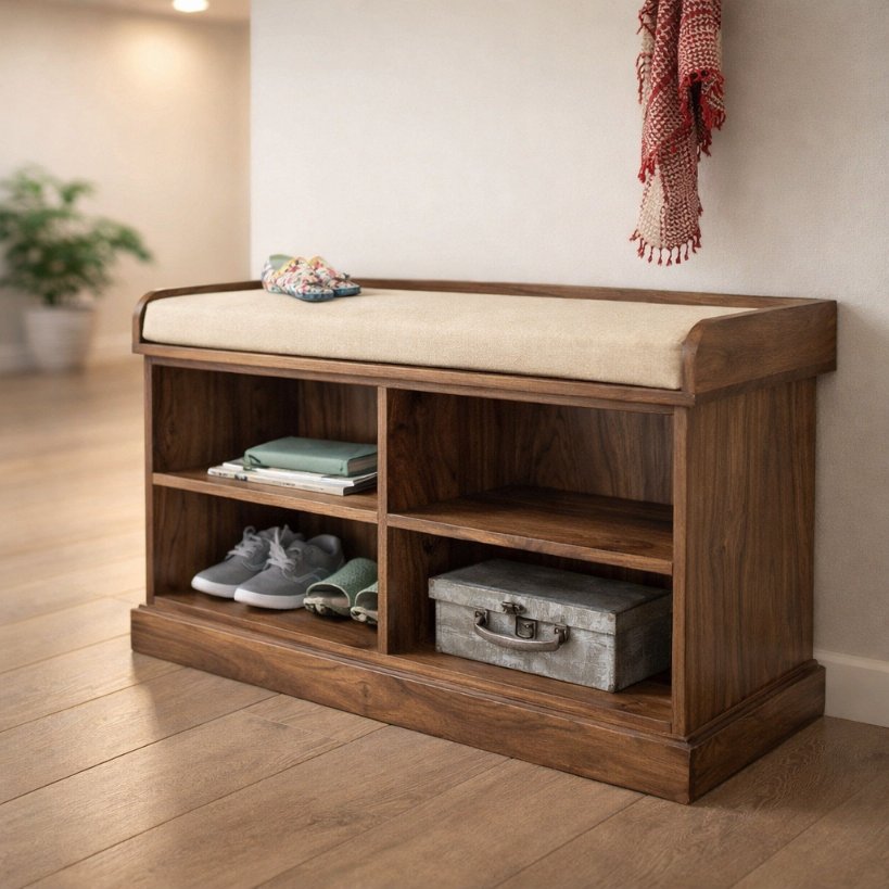 Aangan Solid Wood Shoe Rack Bench with Cushioned Seating